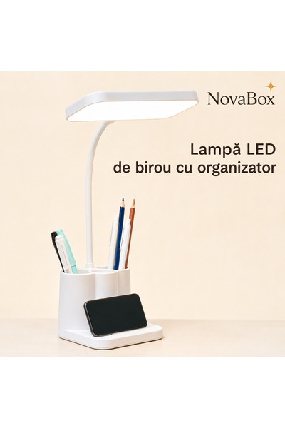 NovaBox Lampă de birou LED cu organizator și suport pentru telefon, luminozit...