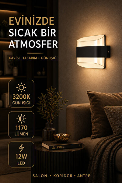 ASTEC Elit 12W Kavisli Elektrikli LED Duvar Aplik 3200K Gün Işığı İç Dış Mekan Balkon Bahçe Su Toz Geçirmez