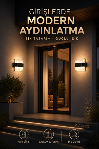 ASTEC Elit 12W Kavisli Elektrikli LED Duvar Aplik 3200K Gün Işığı İç Dış Mekan Balkon Bahçe Su Toz Geçirmez