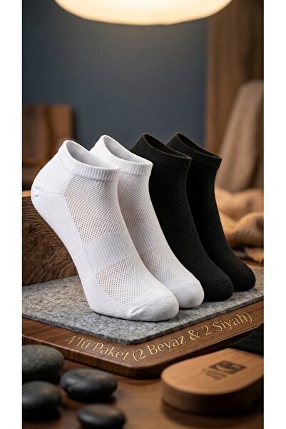 Uniseks 4'lü Paket %90 Pamuklu Nefes Alan Ankle Patik Çorap Seti (2 Siyah + 2 Beyaz)