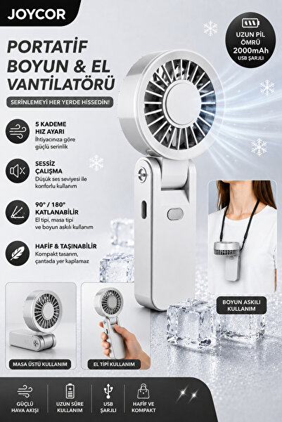 JOYCOR Katlanabilir El Vantilatörü 5 Kademeli Sessiz Askı İpli Type-C Şarjlı ...
