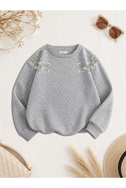 ESADE Kadın Yeşil Dal Omuz Baskılı Rahat Kalıp Bisiklet Yaka Gri Sweatshirt