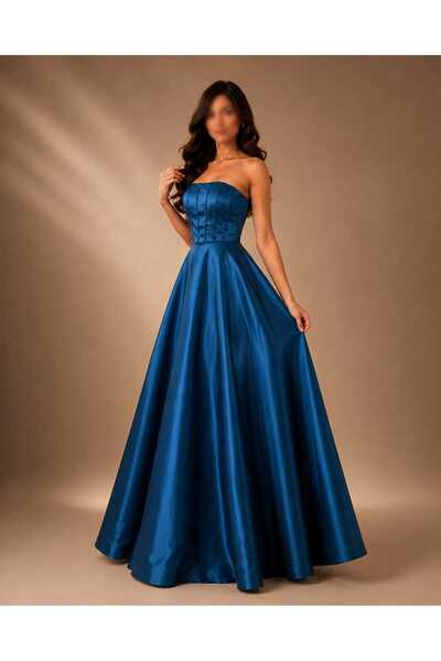 Generic Royal Petrol Strapless Evening Gown with Corset and Full Taffeta Skirt