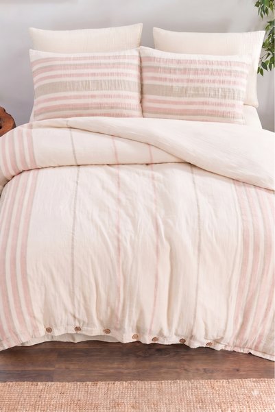 Lorenzella Natural Muslin Duvet Cover Set Double Size 100% Cotton 4 Pieces - Non-Ironing Anti-Sweat Striped Bohemian Set