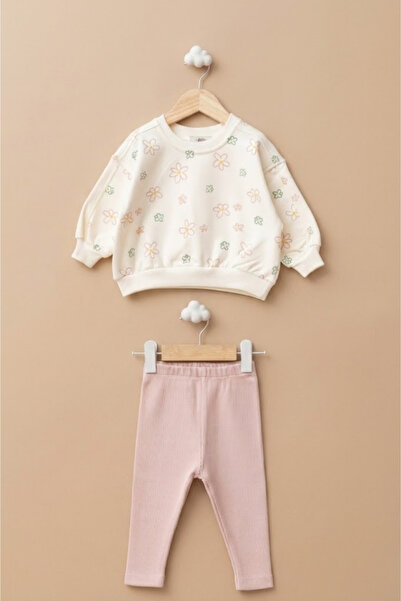 LOGO AKSESUAR Baby Girl Floral Patterned 2 Yarn Sweatshirt and Ribbed Camisol...