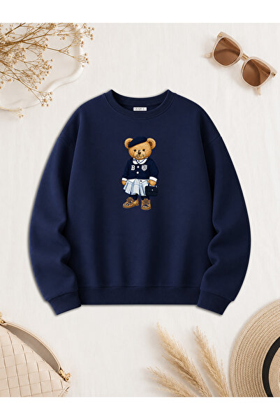 ESADE Kadın Bear Ayı Kolej Baskılı Rahat Kalıp Bisiklet Yaka Lacivert Sweatshirt