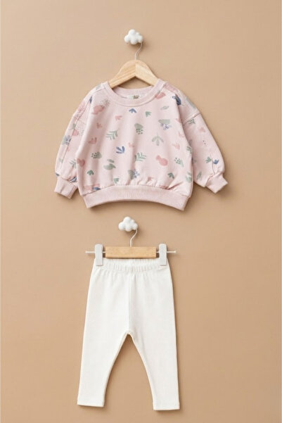 LOGO AKSESUAR Baby Girl Pink Leaf Patterned 2 Yarn Sweatshirt and Camisole Le...