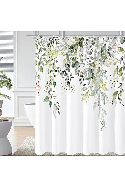GENERAL Shower Curtain,Aqua Green Eucalyptus Leaves with Floral Pattern Bathr...