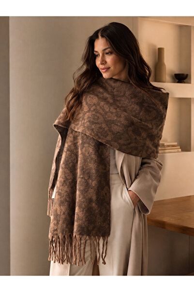 Luminos Butik Coffee Leopard Pattern Soft Textured Tassel Winter Shawl Sal1331