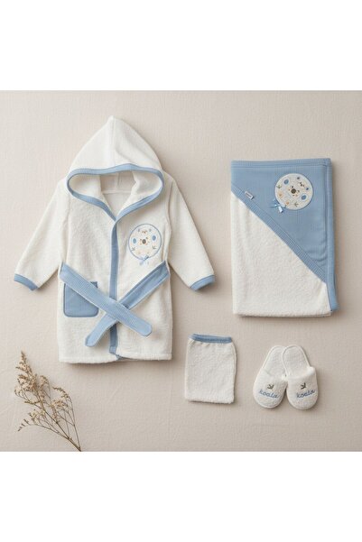 Minelora Unisex Bebek Bornoz Seti 0-3 Ay Koala Temalı Mavi Kenarlı