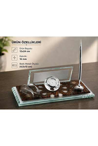 Genel Markalar Kristal Masa İsimliği Kalemli ve Saatli – 12x24 cm | 16 mm Kri...