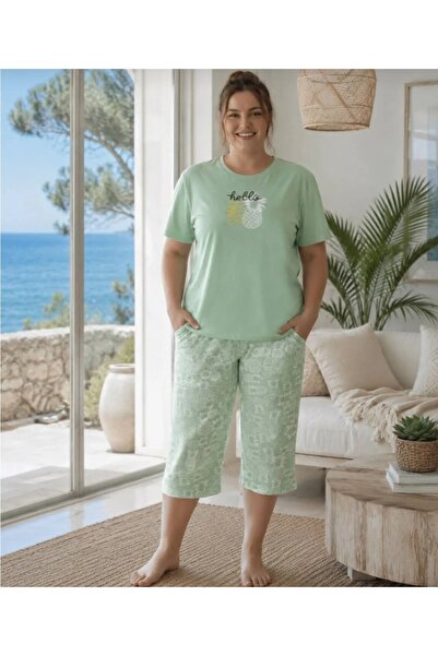Kısa KoL BisikleT Yaka BüyüK BedeN AnanaS Desenli 100% PamuK Kaprili Pijama TakıM