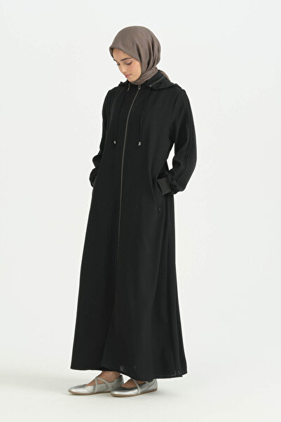 Nihan Ferace with Mesh and Ribbed Detail - Black