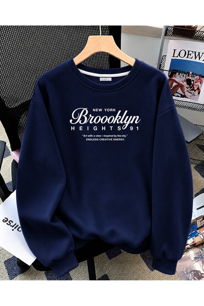 ESADE Kadın New York Brooklyn Yazılı Rahat Kalıp Bisiklet Yaka Lacivert Sweat...