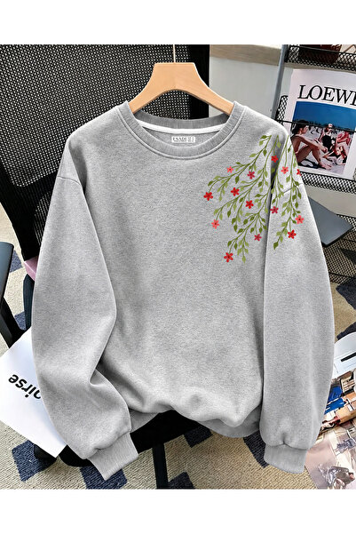 ESADE Kadın Dal Çiçek Kırmızı Kol Baskılı Rahat Kalıp Bisiklet Yaka Gri Sweat...