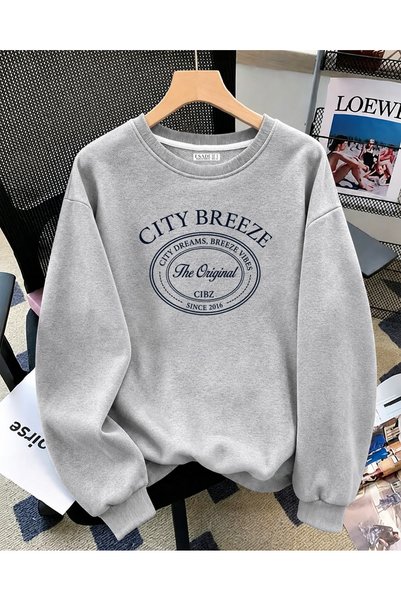 ESADE سويت شيرت رمادي اللون بقصة مريحة وياقة دائرية مطبوع عليه City Breeze لل...
