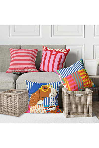 Alkan Homes 4-Piece Combination Cute Dog and Colorful Modern Pattern Decorati...