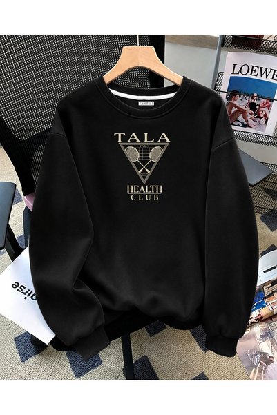 ESADE Women's Tala Tennis Printed Comfortable Fit Crew Neck Black Sweatshirt
