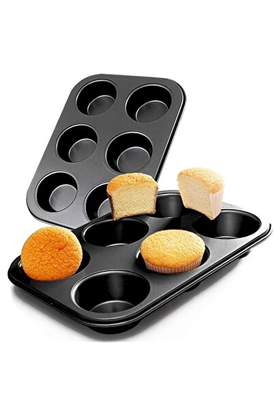 Generic 2 Packs 6 Cup Black Premium Steel Muffin Pan, Non-Stick Round Baking ...