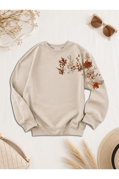 ESADE Kadın Dal Sonbahar Kol Baskılı Rahat Kalıp Bisiklet Yaka Bej Sweatshirt