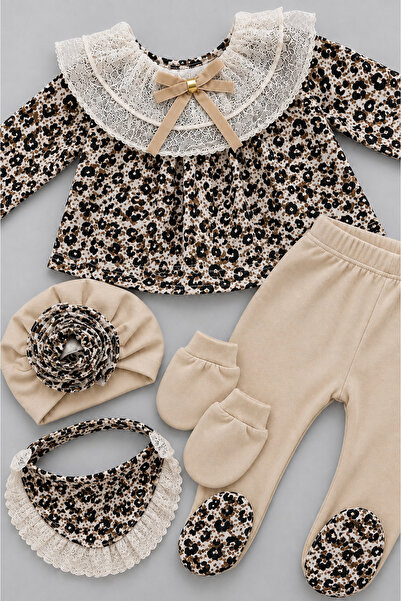 My Babies Label Lace Collar Leopard Patterned Newborn 5-Piece Hospital Discha...