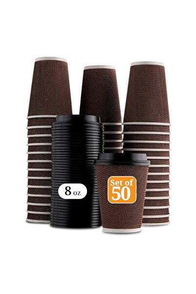 Generic Brown Disposable Ripple Insulated Coffee Cups with Lids (8oz)-(Set of...