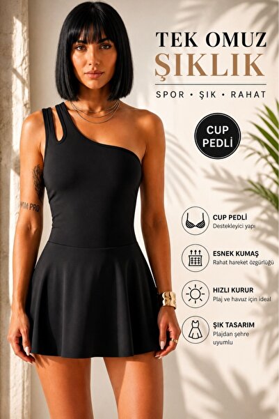 mrm pro Women's One-Shoulder Double Strap Swimsuit Dress with Shorts, Cup Pad...