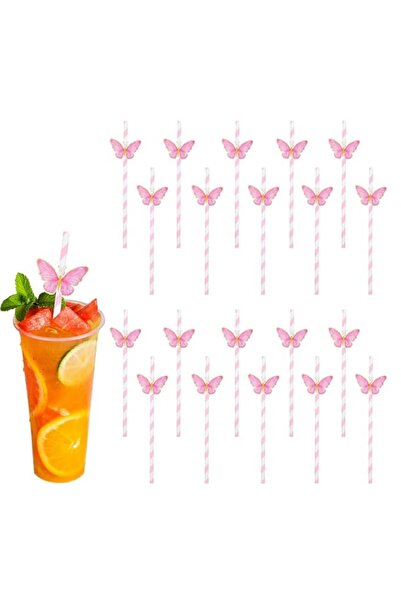 Generic 20 Pcs Butterfly Paper Straws Pink Stripe Disposable Drinking Straws ...