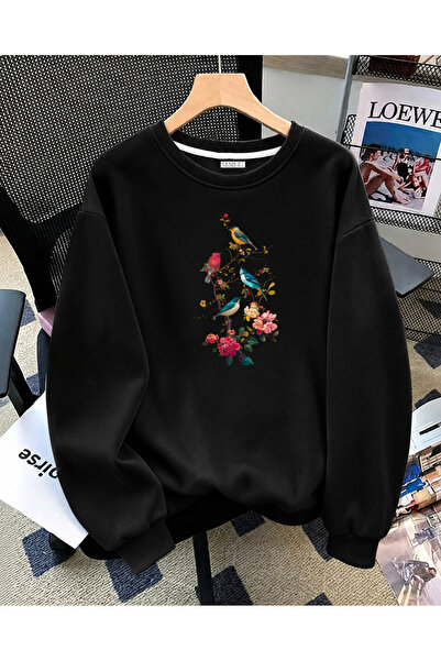 ESADE Kadın Dal Kuşlar Baskılı Rahat Kalıp Bisiklet Yaka Siyah Sweatshirt
