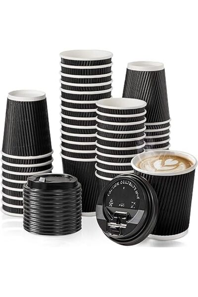 Generic Insulated Ripple Triple Wall Paper Coffee Cups with Black Lids, Premi...