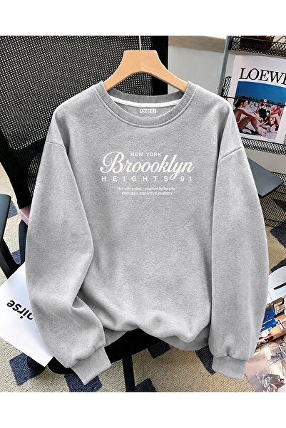ESADE Kadın New York Brooklyn Yazılı Rahat Kalıp Bisiklet Yaka Gri Sweatshirt