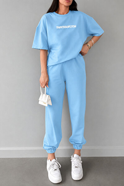 DUBU BUTİK Thatssofetch Printed Baby Blue Tracksuit T-Shirt Set - Top and Bot...
