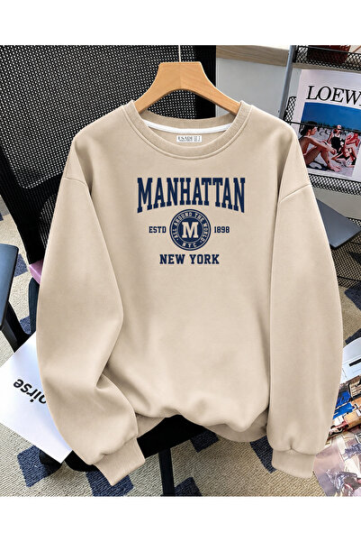 ESADE Kadın Manhattan Estd 1898 Baskılı Rahat Kalıp Bisiklet Yaka Bej Sweatshirt