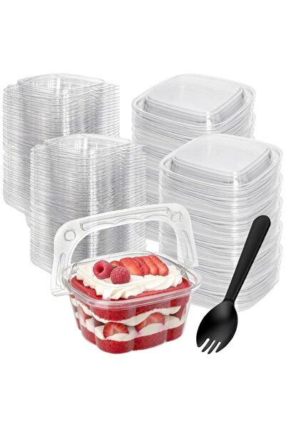 Generic 50Pcs 15oz Small Cake Cup with Lid and Handle, Plastic Square Tiramis...