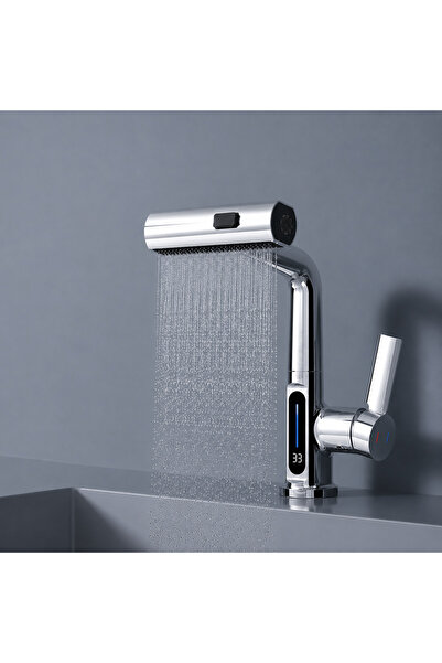 YENİTECH 3-Mode Led Temperature Display Pull-Out Waterfall Faucet 360 °   Swi...