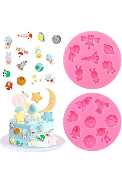 Generic Tazweeq 2 Pcs Astronaut Rocket Planet Fondant Silicone Molds, Cute Sp...