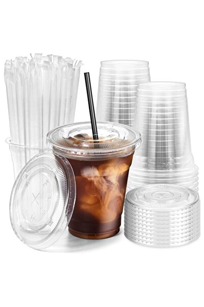 Generic Fit Meal Prep 100 Pack 12 oz Plastic Iced Coffee Cups with Flat Lids ...