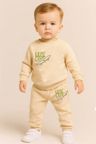 bebekpare Boy's Sweatshirt Set Beige Hey Boy