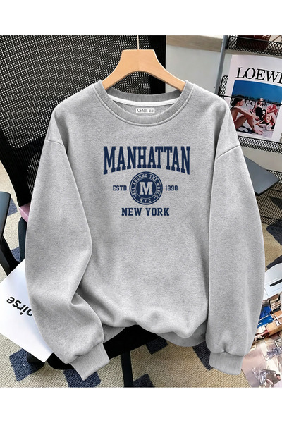 ESADE Kadın Manhattan Estd 1898 Baskılı Rahat Kalıp Bisiklet Yaka Gri Sweatshirt