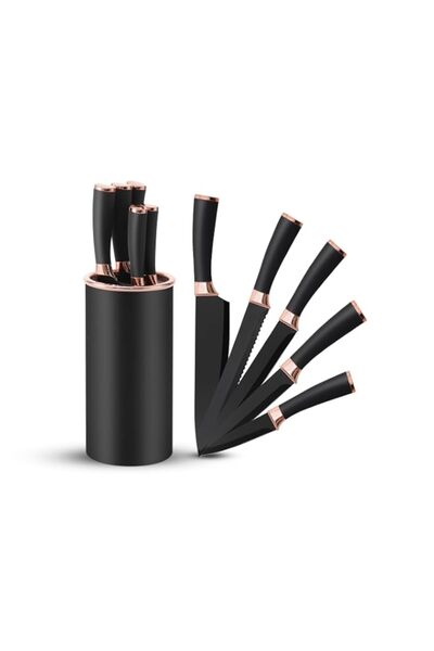 Generic 6-Piece Knife Set with Block, Black & Rose Gold Stainless Steel Knive...