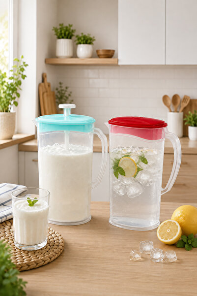 Akyüz Plastik 🥛 2'li Plastik Sürahi Seti | Yayık Ayran Sürahisi + Su Sürahisi