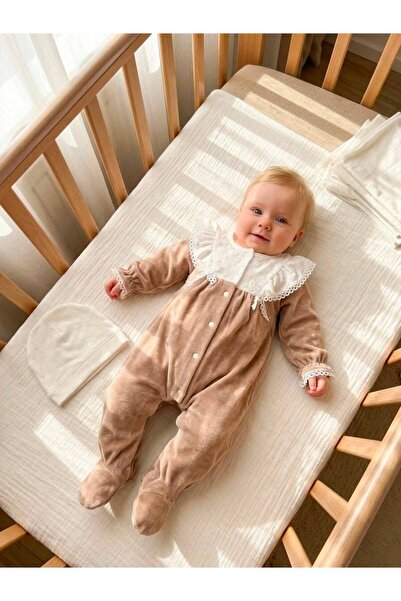 Bebila Baby Baby Girl Mevlütlük Velvet Winter Jumpsuit with Lace Hat Set Hosp...