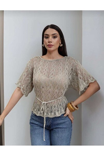 VIORA FASHION İnce Kemerli Ajurlu Örgü Bluz