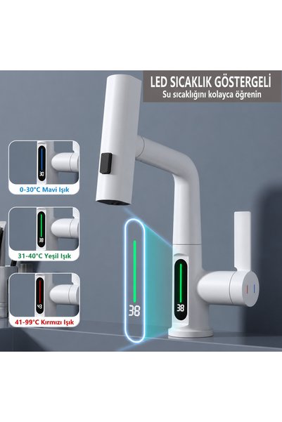 sz master bilişim صنبور شلال بثلاث وظائف مع شاشة عرض درجة الحرارة LED ورأس قابل للسحب 360 درجة °   صنبور المطبخ والحمام