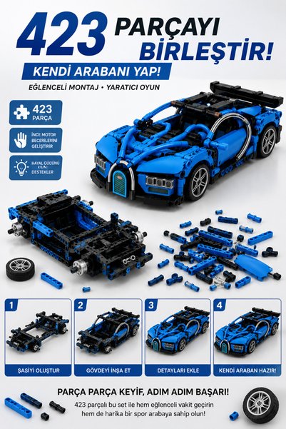ZİVENTA 423 Piece Sports Car Building Set 1:18 Scale Pull Back Mechanism Educational Toy Car for Ages 6+ Legosu