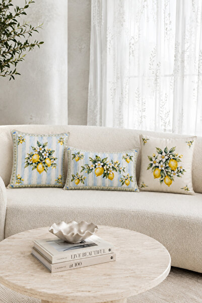 Bebişim Halı Blue Striped Lemon Patterned 3-Piece Throw Pillow Cover Set
