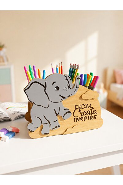 Boncukafası Wooden Pen Holder with Elephant Figure Desktop Organizer Children...