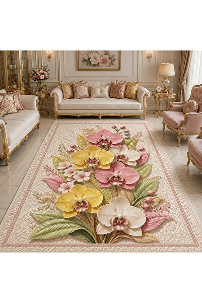 LovisaHome Krem Pastel Orkide Çiçek Desenli Yıkanabilir Dijital Baskı Halı