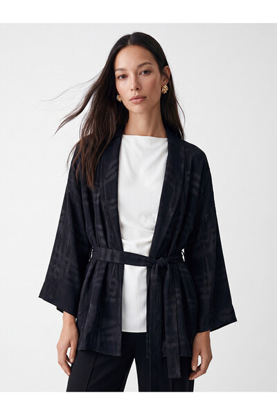 LC Waikiki Nevavm Women's Kimono with Shawl Collar Pattern and Belt with a Di...
