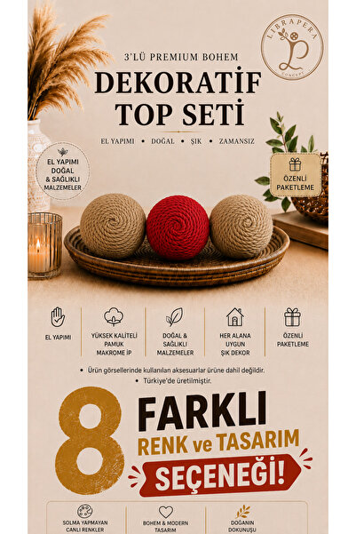 Librapera Concept 3’lü Premium Bohem Dekoratif Top Seti – 8 Farklı Renk ve Ta...